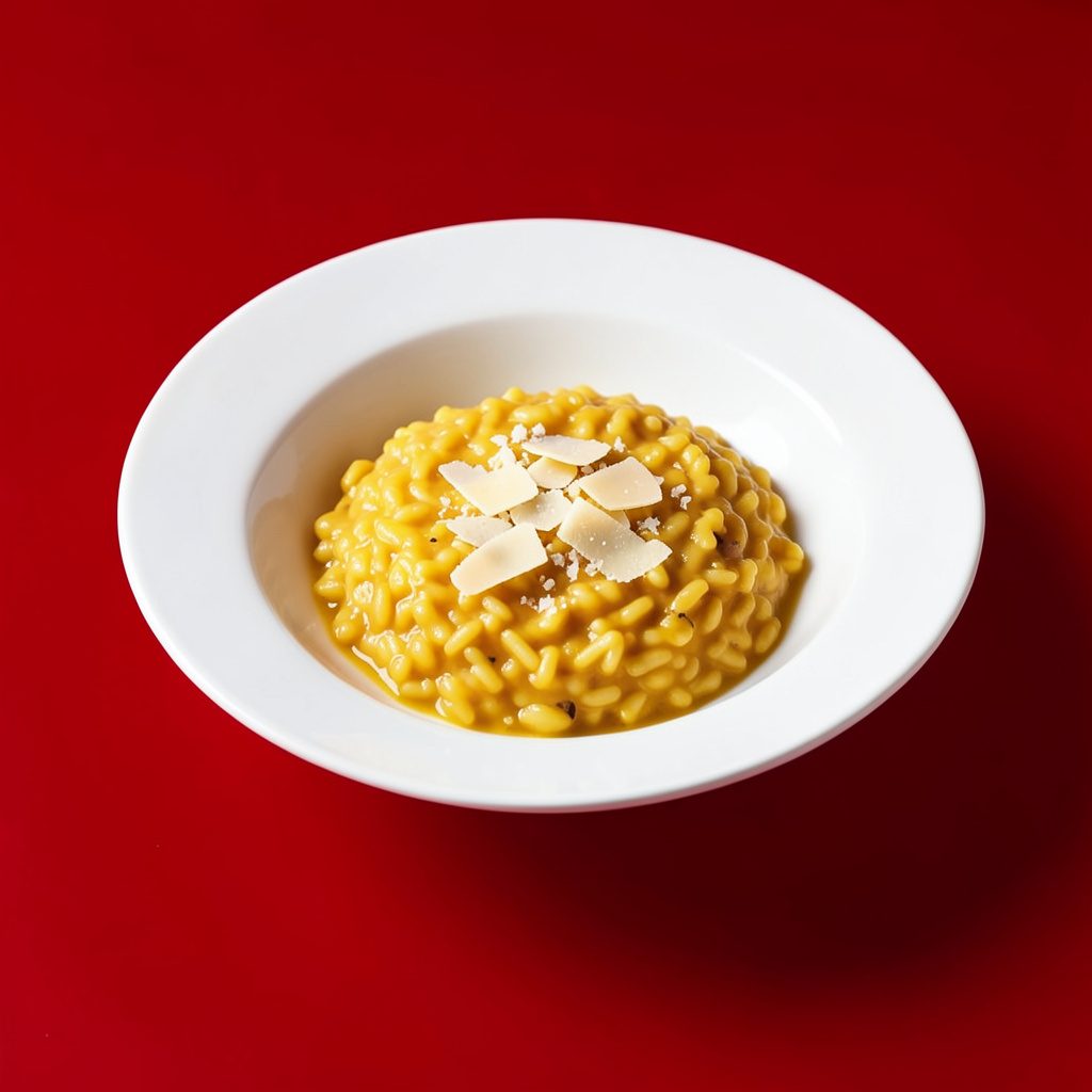 Risotto onctueux dans une assiette creuse blanche, teinté de jaune safran, parsemé de copeaux de parmesan, éclairage doux et chaleureux
