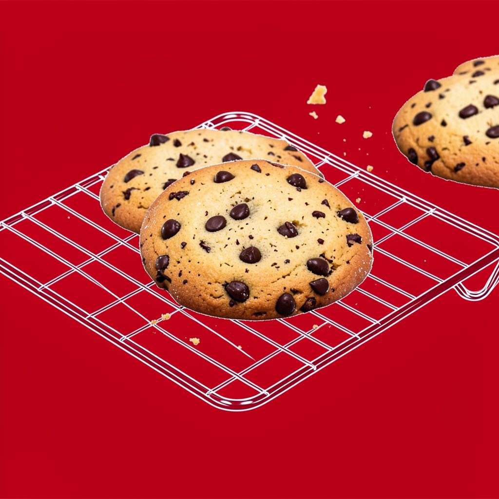 Biscuits aux pépites de chocolat encore tièdes sur une grille de refroidissement, légèrement dorés, miettes éparpillées
