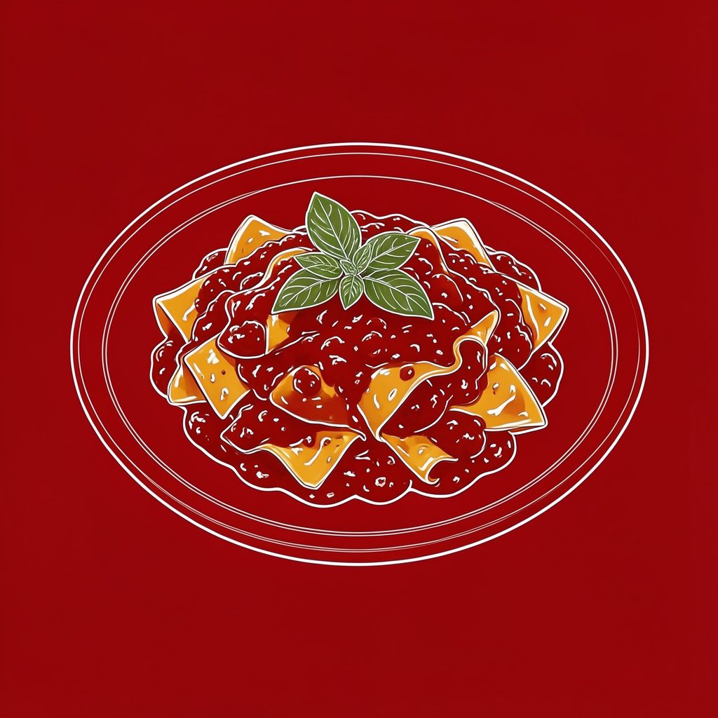 Tagliatelles nappées d'une sauce bolognaise maison dans une assiette en terre cuite, basilic frais posé sur le dessus
