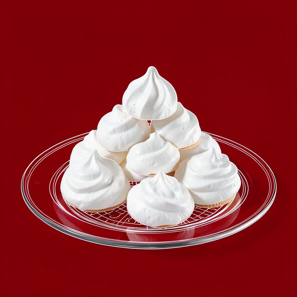 Meringues blanches surmontées de chantilly, disposées en pyramide sur un plat en verre, lumière naturelle tamisée