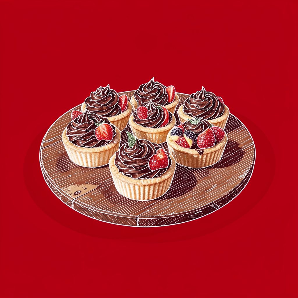 Tartelettes aux fruits frais surmontées d'une chantilly chocolatée, disposées sur un plateau en bois rustique