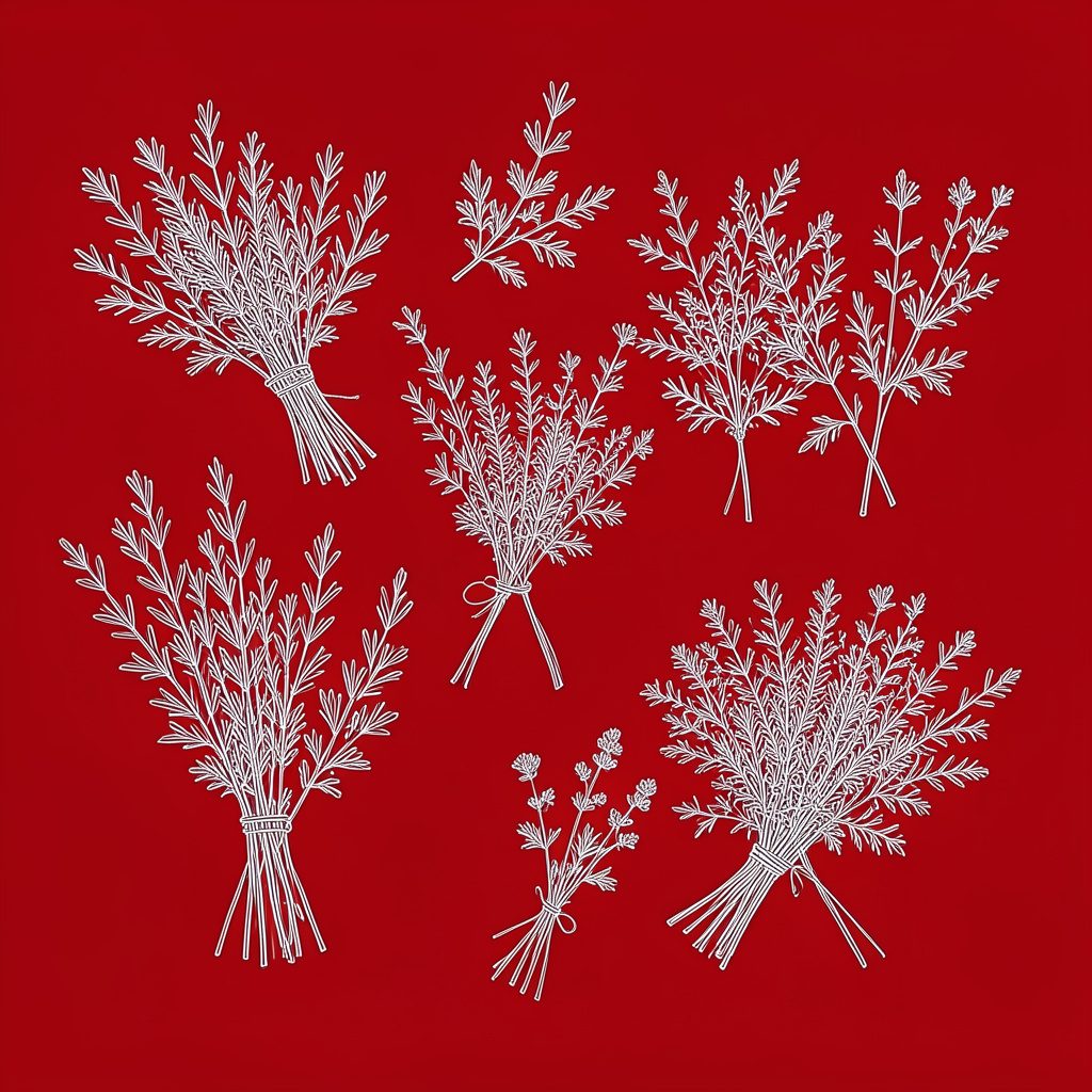 Assortiment d'herbes aromatiques fraîches disposées en petits bouquets sur une surface en bois clair