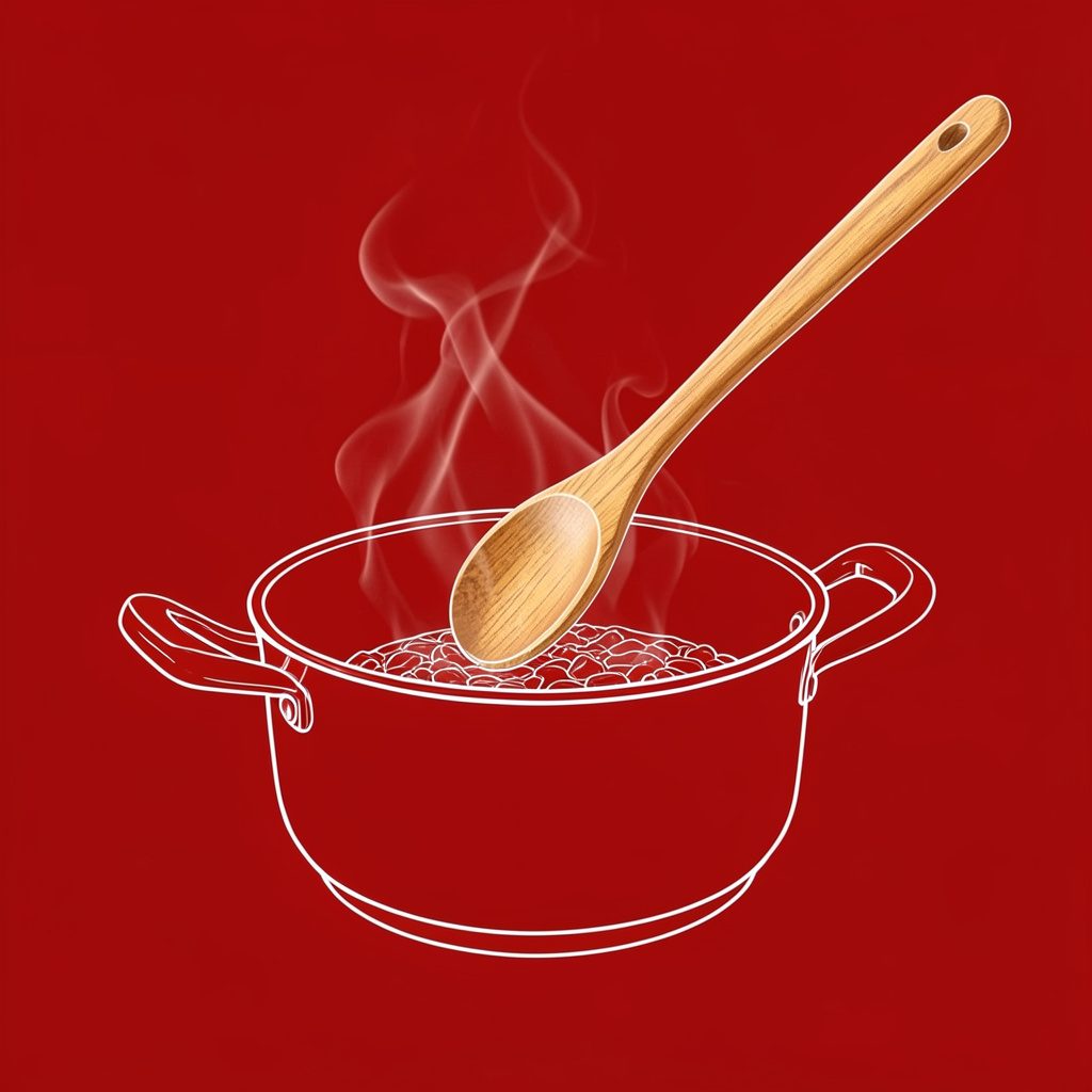 Cuillère en bois plongeant dans une casserole fumante, vapeur légère, tons chauds et réconfortants