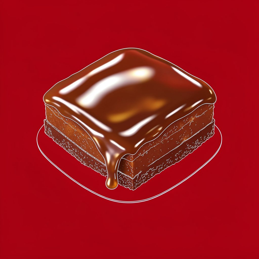 Glaçage miroir brillant coulant sur le dessus d'un entremets, reflets lumineux, tons chocolat et caramel