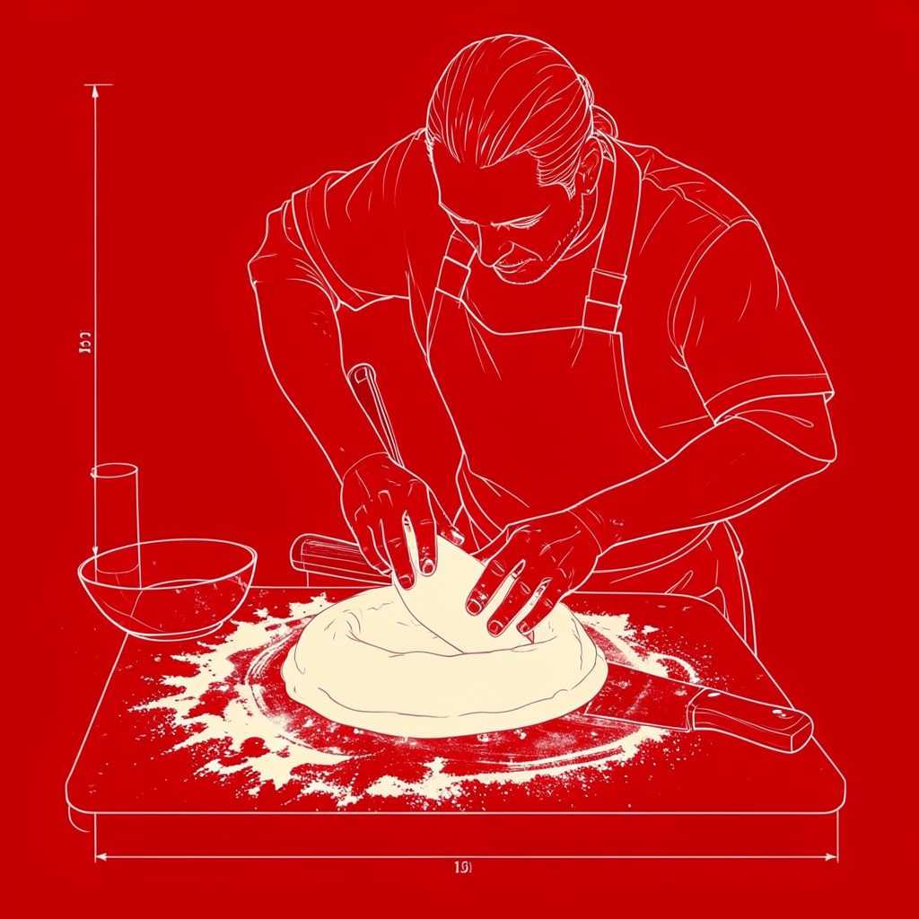 Mains en train de pétrir une pâte sur un plan de travail fariné, tons crème et beige, atmosphère douce